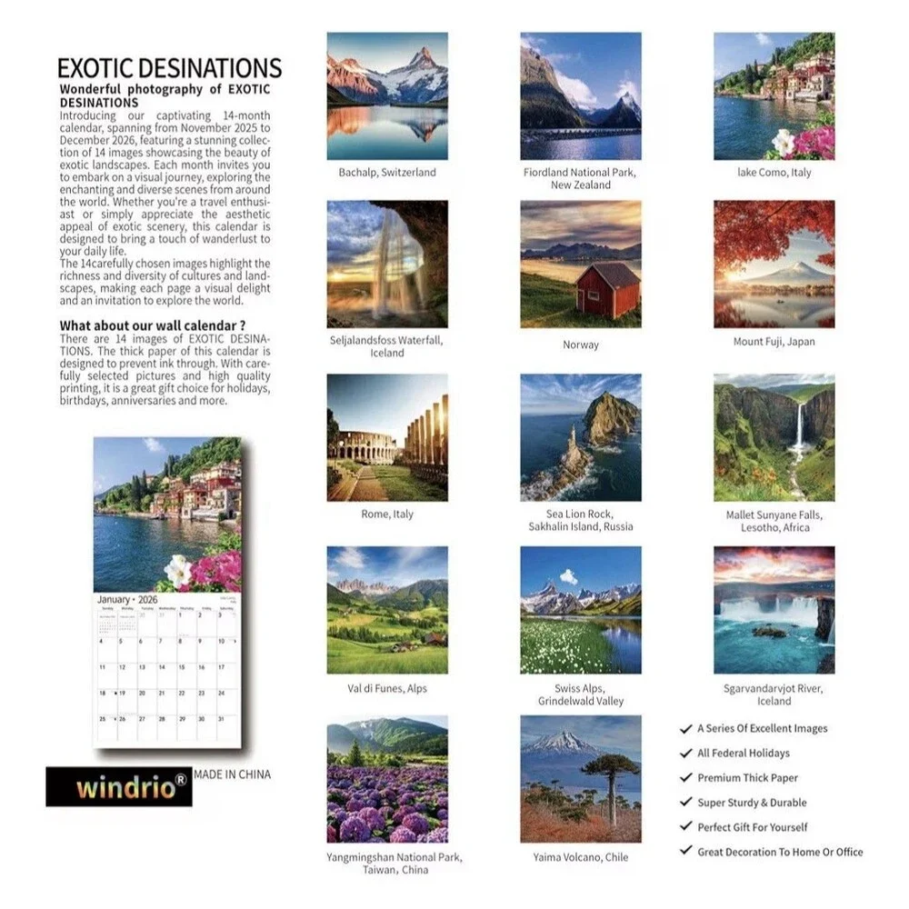 Windrio Wall Calendar 2026 Exotic Destinations World Travel Series 14 Month NEW